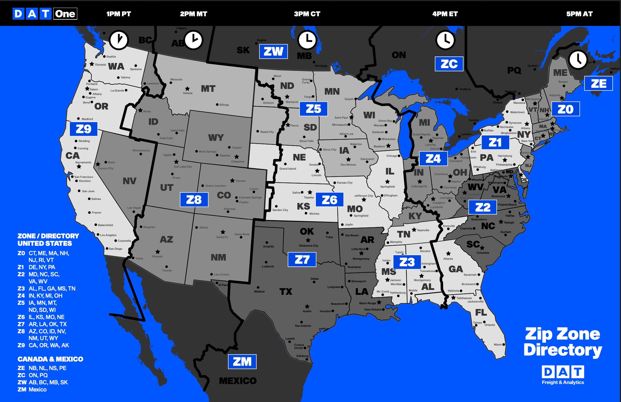 Zip Zone Directory — US freight zones Z0–Z9 plus Canada and Mexico